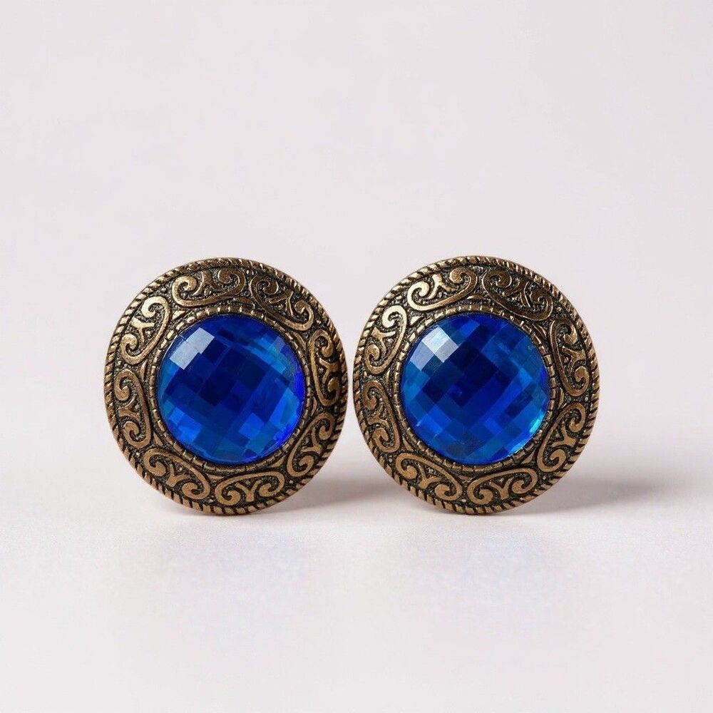 Vintage 80s Statement Clip On Earrings Blue Acrylic Cabochon Copper Tone